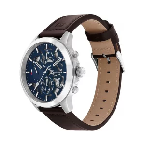 Tommy Hilfiger Mens Multifunction Stainless Steel and Leather Strap Watch, Color Blue Model 1710476