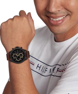 Tommy Hilfiger Mens Multifunction Quartz Watch, Leather Strap, Water Resistant 5 ATM, Elegant and Modern Timepiece, Gift for Him, 46mm