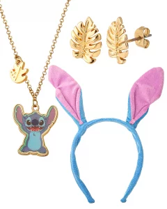 Disney Stitch Jewelry 3-Piece Set with Palm Leaf Stud Earrings, 163 Stitch Necklace and Stitch Headband, Official License