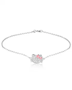Hello Kitty Sanrio Womens Sterling Silver Anklet Official License, 9 Pave Cubic Zirconia Ankle Bracelet with Pink Bow