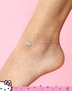 Hello Kitty Sanrio Womens Sterling Silver Anklet Official License, 9 Pave Cubic Zirconia Ankle Bracelet with Pink Bow
