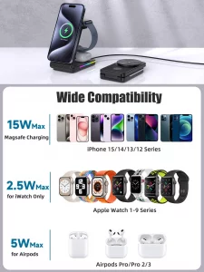 Wireless Charging Station for Mag-Safe Charger, 3 in 1 Mag-Safe Charger Stand for iPhone 16 Pro Max15141312, Foldable Mag-Safe Nightstand Charger for