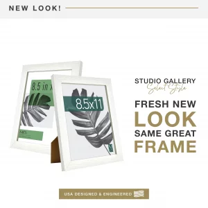 MCS Studio Gallery 8.5x11 Picture Frame White Woodgrain, Rectangle Photo Frame for Photos, Posters & Art Prints & Easel for Tapletop Display (1-Pack)