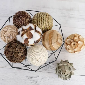 CIR OASES Decorative Balls Spherical Assorted 9pcs Brown White Orbs Rustic Natural Twig Rattan Woven Cotton Balls for Vase Bowl Filler Tabletop Decor