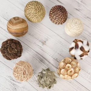 CIR OASES Decorative Balls Spherical Assorted 9pcs Brown White Orbs Rustic Natural Twig Rattan Woven Cotton Balls for Vase Bowl Filler Tabletop Decor