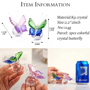 H&D HYALINE & DORA 2pcs Handmade K9 Crystal Flying Butterfly with Ball Base Glass Animal Figurines Cute Craft Wedding Gifts for Guests Home Decoratio