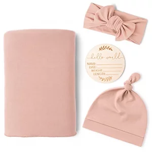 Konssy Baby Girl Newborn Receiving Blanket with Matching Headband and Beanie Set Baby Swaddle Nursery Swaddle Wrap