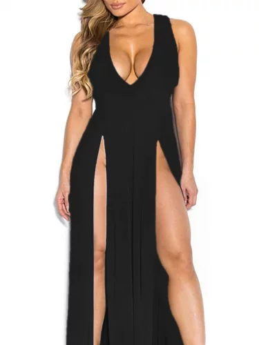 Womens Bandage Side Split V Neck Sleeveless Bodycon Clubwear Maxi Vest Dress Black Womens Bandage Side Split V Neck Sleeveless Bodycon Clubwear Maxi Vest Dress Black
