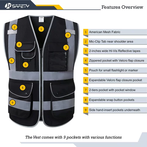 JKSafety 9 Pockets High Visibility Safety Vest for Men and Women, Hi ...