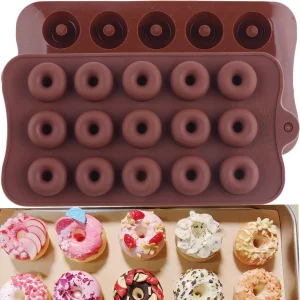 YIMINGMOLD 2Pcs 15 Cavity Mini Donut Silicone Chocolate Molds Doughnut Pan Baking Mold
