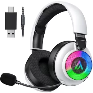 Wireless Gaming Headset for Ps5 Ps4 - 2.4GHz, 7.1 Surround Sound, Noise Cancelling Mic, RGB Lights, 40H+ Battery, Lossless Audio, Comfy Over Ear Head