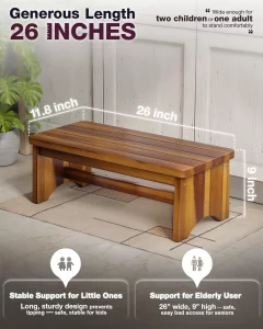 FANATU Extra Wide 26in Wooden Step Stool, Heavy Duty One Step Stool for Adults and Seniors, Holds Up to 550 lbs, Reinforced Cross Bar, Non-Skid Surfa