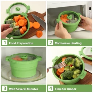 Collapsible Silicone Microwave Cookware Cooker Steamer for Cooking with Lids, 0.8L and 1.4L Glass Food Storage Container Sealed Bowl Mixing Bowls 2pc