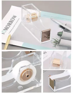 Acrylic Gold Tape Dispenser,Clear Acrylic Desk Dispenser Kit , Modern Design Office Desktop Tape Dispense