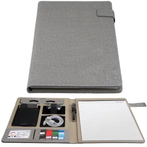 Grey Leather Portfolio Men & Women, Portfolio Binder, Padfolio Folder All-in-One, Organizer Folder for Colleague Staff, Card Slots, Phone Pocket, Pho
