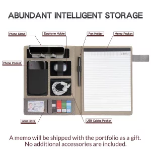 Grey Leather Portfolio Men & Women, Portfolio Binder, Padfolio Folder All-in-One, Organizer Folder for Colleague Staff, Card Slots, Phone Pocket, Pho