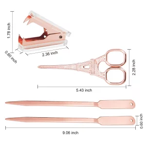 Rose Gold Desk Accessories Set - Scissors, Staple Remover and 2 Letter Openers, Luxury Rose Gold Office Supplies & Desk Decorations