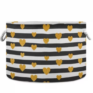 visesunny Collapsible Large Capacity Basket Gold Heart Black White Striped Clothes Toy Storage Hamper with Durable Cotton Handles Home Organizer Solu