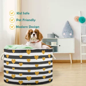 visesunny Collapsible Large Capacity Basket Gold Heart Black White Striped Clothes Toy Storage Hamper with Durable Cotton Handles Home Organizer Solu
