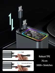 PDMAX Retractable Car Charger USB C,145W Type C Car Charger Fast Charging with Dual Retractable USB C Cable and USB Ports for iPhone 17/16/15,S25/24/