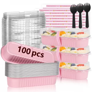 YQER 100 Pack Mini Loaf Pans with Lids and Spoons Sealing Sticker, 6.8oz Mini Cake Pans for Baking, Disposable Aluminum Foil Loaf Pans, Pink Loaf Bak