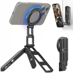 MOSENVKA Dual Magnetic Phone Tripod Foldable Double Magnet Mount Pocket Cell Phone Stand for iPhone 16/15/14/13/12 Plus Max for Ipad Travel Gym Magne