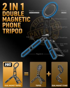 MOSENVKA Dual Magnetic Phone Tripod Foldable Double Magnet Mount Pocket Cell Phone Stand for iPhone 16/15/14/13/12 Plus Max for Ipad Travel Gym Magne