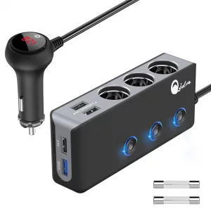 Quick Charge 3.0 Cigarette Lighter Splitter, Qidoe 3 Socket 180W Cigarette Lighter Adapter with 4 USB Fast Charging, DC 12V/24V Cigarette Outlet LED 