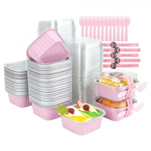 RETON 100 Pcs Mini Cake Pans with Lids Sporks and Stickers, 5oz Aluminum Foil Square Baking Cake Cups, Individual Cupcake Containers Foil Ramekins fo