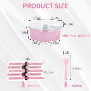 RETON 100 Pcs Mini Cake Pans with Lids Sporks and Stickers, 5oz Aluminum Foil Square Baking Cake Cups, Individual Cupcake Containers Foil Ramekins fo