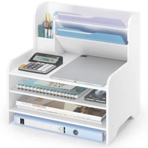 Desk File Organizer - 6-Tier Desktop Mail Letter Tray Paper Document Organizer with Pen Holder for Home Office Supplies, Office Desk Accessories & Wo