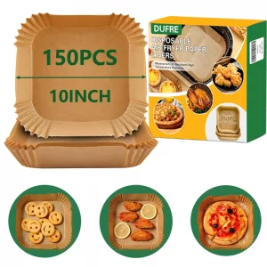DUFRE 150Pcs Air Fryer Paper Liners 10 INCH [ Fit 7-12 QT] Parchment Paper,Disposable Square Paper for Air Fryer Non-stick Oil-proof for Baking,Roast