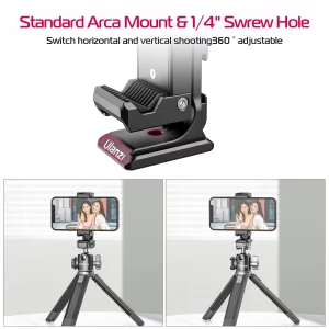 Metal Phone Tripod Mount 3 Cold Shoes & Arca Port, 360 Smartphone Tripod Adapter for iPhone 17 16 15 Cell Phone Stand Holder for Desktop Video Live 