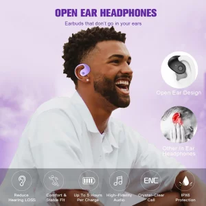 Purple Out of Ear Open Ear Headphones Wireless Ear Hanging Bluetooth Headset, Air Bone Conduction Open Ear Earbuds, OWS Over the Ear Earbuds Open Ear