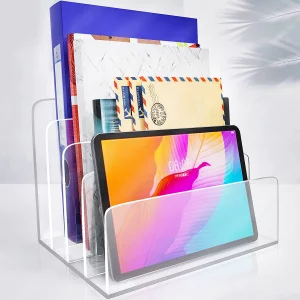 Carooyac Clear Acrylic File Organizer, 4 Sections Acrylic File Holder Sorter, Office Desk Organizer for File Folder Mail Letter Book Electronics Make