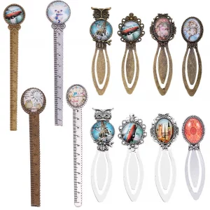 SUNNYCLUE 12Pcs 2 Styles Ruler Bookmark Pendant Tray Kit with 8Pcs Bookmark Cabochon Setting 4Pcs Ruler Cabochon with Clear Oval Round Glass Cabochon