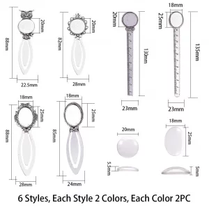 SUNNYCLUE 12Pcs 2 Styles Ruler Bookmark Pendant Tray Kit with 8Pcs Bookmark Cabochon Setting 4Pcs Ruler Cabochon with Clear Oval Round Glass Cabochon