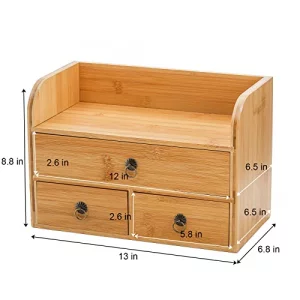 Nicunom Bamboo Desk Organizer, 3-Tier Bamboo Tabletop Storage Organization Multifunctional Desktop Organizer with Drawers for Home Office Toiletries 