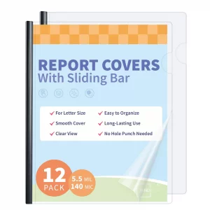Binditek 12 Pack Clear Report Covers with Sliding Bars, 25 Sheet Capacity, 5mm Binding Bars, Letter Size, 5.5 Mil Thick, Black, for Students and Cowo