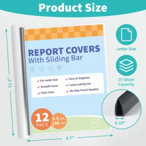 Binditek 12 Pack Clear Report Covers with Sliding Bars, 25 Sheet Capacity, 5mm Binding Bars, Letter Size, 5.5 Mil Thick, Black, for Students and Cowo