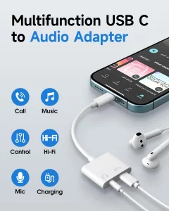 USB C to 3.5mm Headphone and Charger Adapter, Type C to Aux Jack Dongle Cable Cord with PD Fast Charging for iPhone 15/16/17 Pro/Max/Plus, iPad, Sams