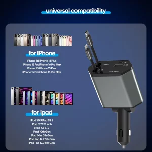 4 in 1 Retractable Car Charger Fast Charging for iPhone 17,2Pack 66W Quick Car i Phone Charger 2.6ft Cord USBC Apple Adapter Block Quick Charge for i