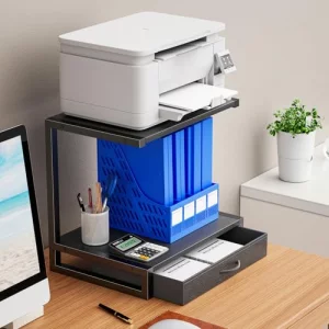 YAOHUOO 2-Tier Desktop Printer Stand with Fabric Drawer, Prtiner Table with Storage Shelf, Desk Organizer for Home Office,3D Printer,Fax Machine,Scan
