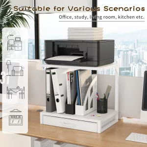METYERRY 2-Tier Desktop Printer Stand and Storage Shelf, Home Office Desk with Fabric Drawer, Organizer for 3D Printer, Fax Machine, Scanner, Compact
