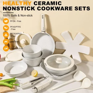 Pots and Pans Set Non Stick 20PCS, Ceramic Cookware Set Detachable Handle Non Toxic Stackable Kithchen Set, Dishwasher Oven Safe Induction Compatiabl
