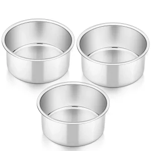 P&P CHEF 4 Inch Round Cake Pan Set of 3, Stainless Steel Round Baking Layer Pans Bakeware for Layer Birthday Cake, Fit Oven/Pots/Pressure Cooker, Lea