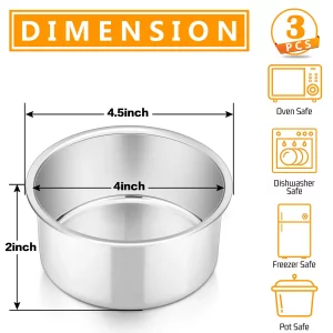 P&P CHEF 4 Inch Round Cake Pan Set of 3, Stainless Steel Round Baking Layer Pans Bakeware for Layer Birthday Cake, Fit Oven/Pots/Pressure Cooker, Lea