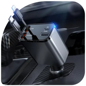 69W Retractable Car Charger, 4-in-1 Fast Car Phone Charger with 2.6ft Two Retractable Cables and USB C+USB A Car Charging Block Cube, Compatible with