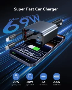69W Retractable Car Charger, 4-in-1 Fast Car Phone Charger with 2.6ft Two Retractable Cables and USB C+USB A Car Charging Block Cube, Compatible with