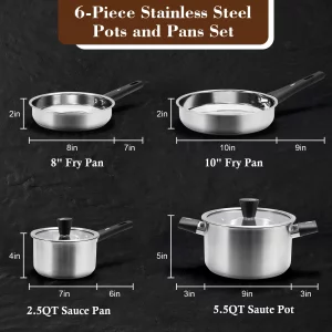 6-Piece Stainless Steel Pots and Pans Set, Kitchen Cookware Set with Stay-Cool Handles Compatible with Gas, Electric & Induction, Dishwasher Safe, No